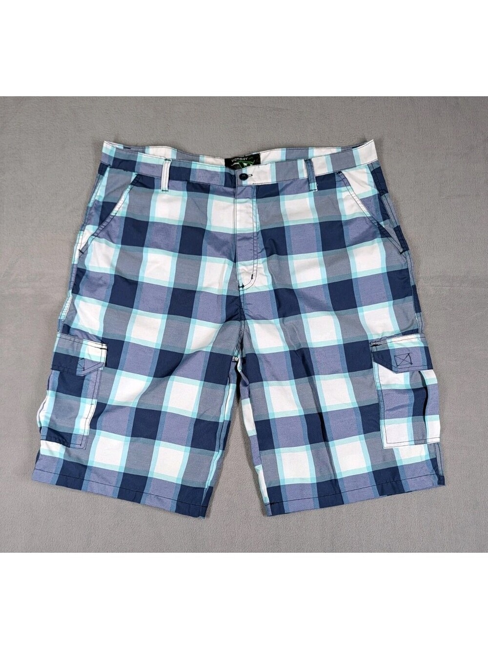 Victory HPI Mens 40 Blue Plaid Cargo Shorts Lightweight Y2K Hip Hop Oversized